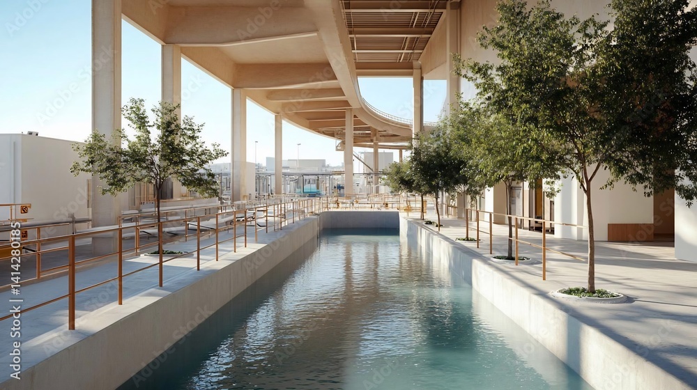 Aufkleber architectural exterior scene with a water channel and rows of trees under a concrete structure bathe