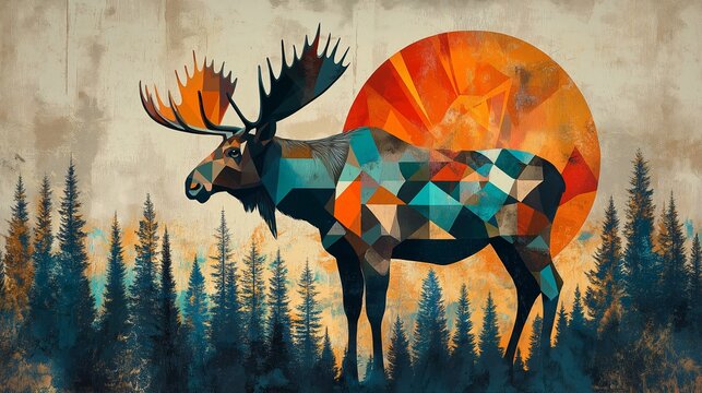 Geometric abstract art of a deer moose with forest sunset