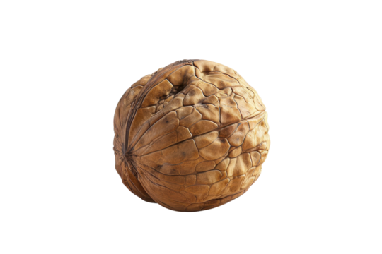 A solitary walnut resting on a smooth surface under soft, diffused light isolated on transparent background