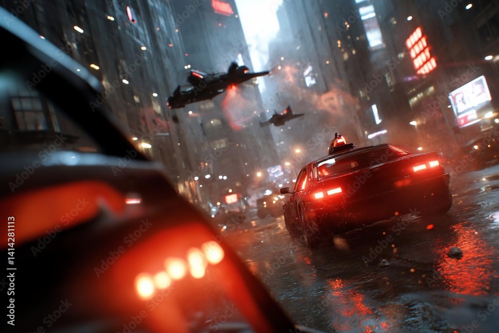 Poster rainy urban scene featuring generic flying vehicles and a red car with illuminated lights on a wet s