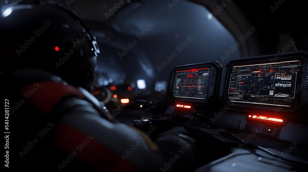 Poster interior view of a cockpit with a pilot in a dark environment. focus on the pilot and digital screen