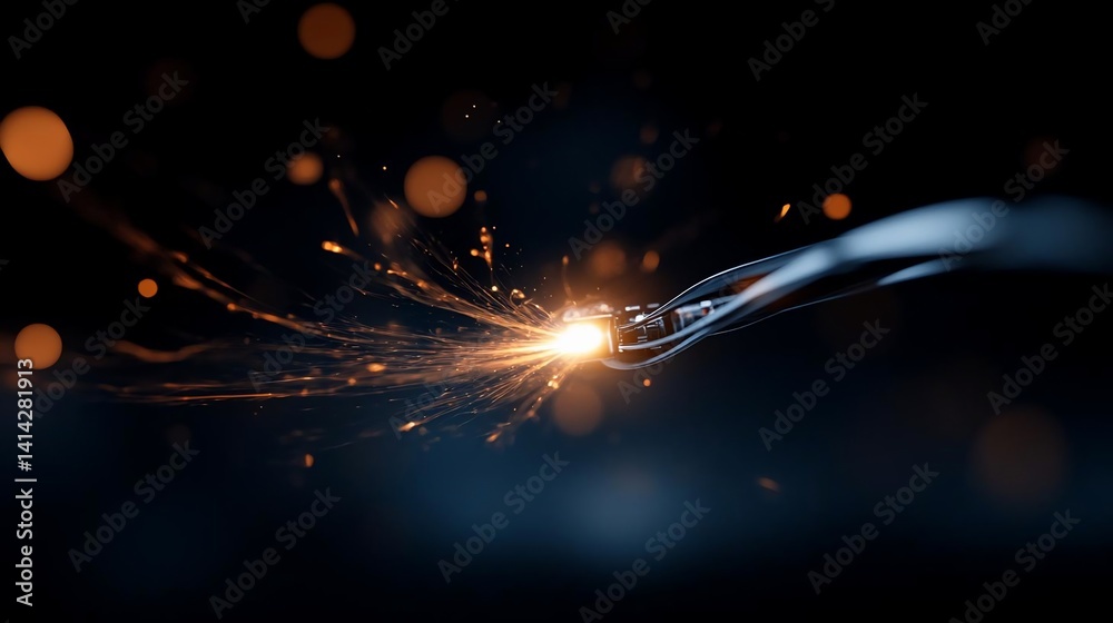 Leinwandbilder Sparking cable connection with vibrant orange sparks against a dark blue background creating an abstract visual of energy and technology