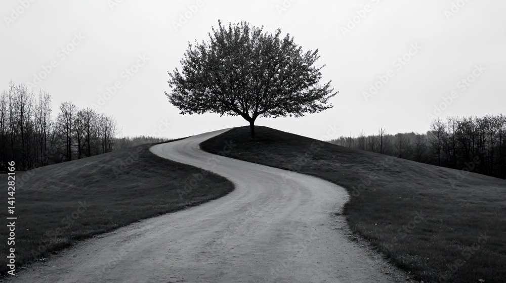 Poster Black and white landscape featuring a winding path leading towards a solitary tree atop a grassy hill under an overcast sky. The scene is serene and minimalist
