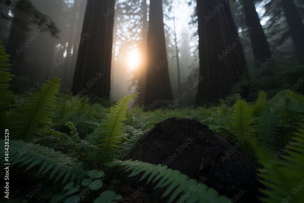 Fototapete lush green ferns and towering trees fill the frame with soft sunlight piercing through the misty for