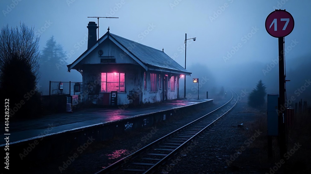 Poster an old train station shrouded in atmospheric fog illuminated by soft pink and blue lights with rail 