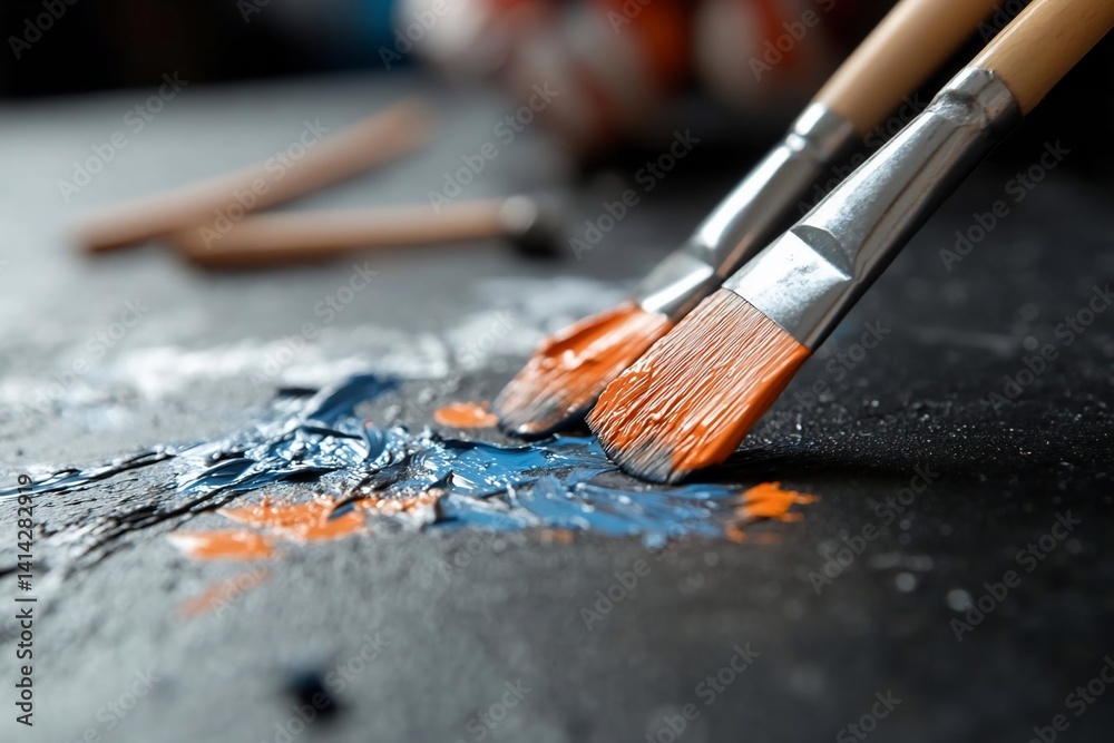 Poster close-up shot of paintbrushes with orange and blue paint on a dark surface. artistic composition wit
