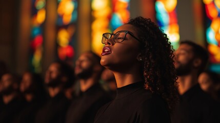 Obraz premium Woman in black sings with closed eyes among others, illuminated by colorful stained glass behind her