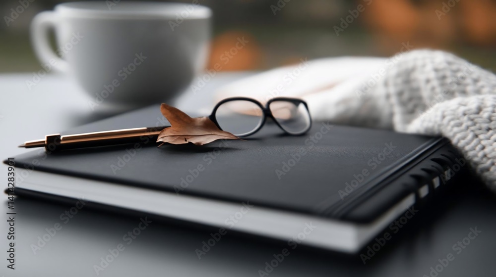 Poster a close-up composition features a black leather-bound notebook a pair of eyeglasses a dry leaf a pen