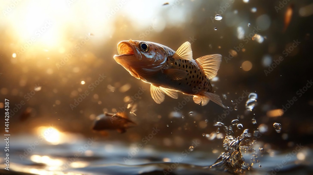 Poster a fish leaping out of water with water splashes and bokeh, illuminated by the warm sunlight. backgro