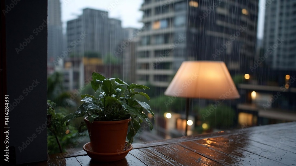 Poster Rain falling on a plant in a pot on a wooden surface with buildings in the background and a lamp beside the plant. Rainy day in urban environment, wet weather
