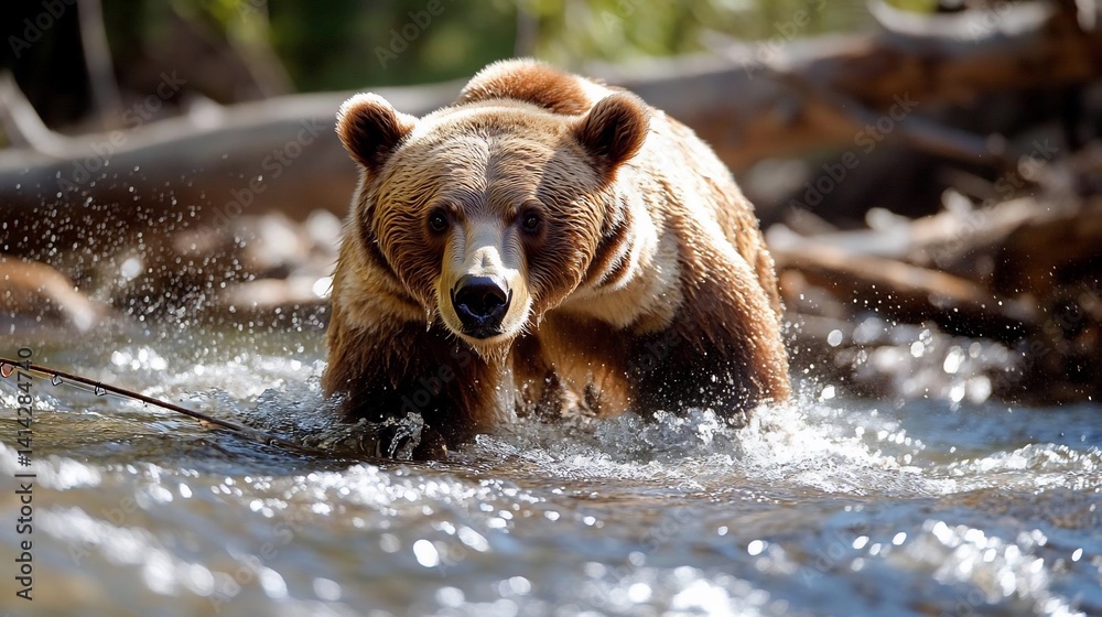 Aufkleber generic animal wading through shallow water with sunlight illuminating its fur and a blurred backgro