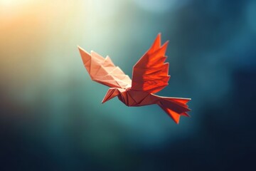 Fototapeta premium Red Origami Bird in Flight Artistic Paper Craft Design Hope Fold Image Peace Wings Nature Animal 