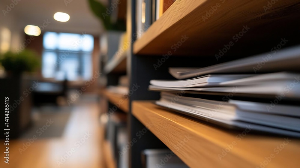 Poster close-up view of a wooden shelf with stacked papers and books, set against a blurred interior office