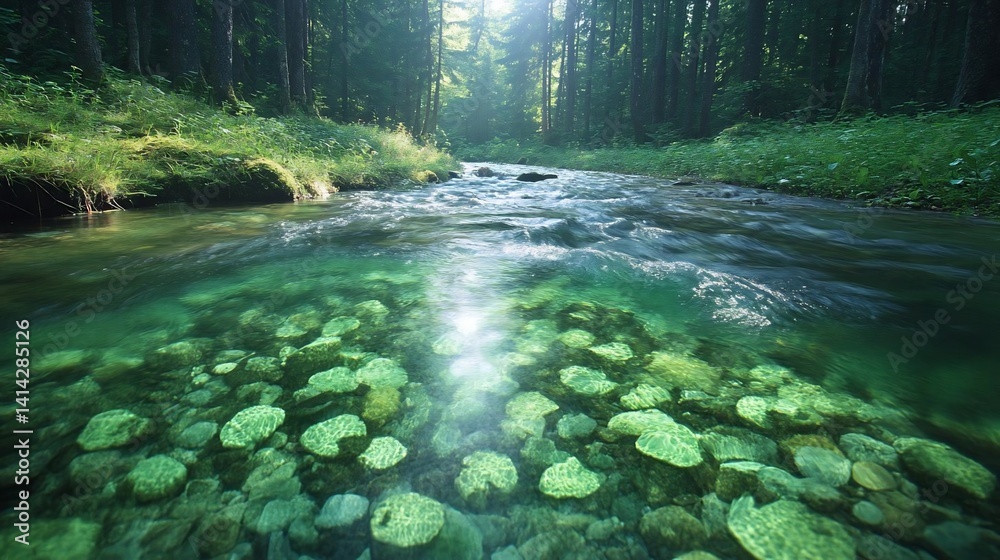 Leinwandbilder crystal clear stream flows through a vibrant green forest sunlight filters through trees illuminatin