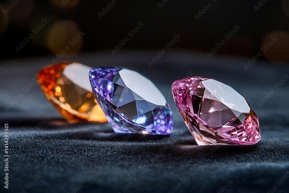Poster three colorful gemstones on a dark textured surface reflecting light and creating a luxurious and el
