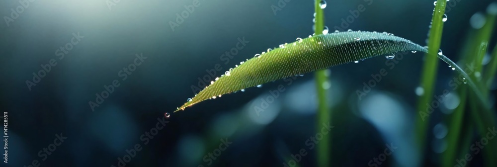 Poster Close-up of a green leaf with water droplets in a naturalistic setting with a blurred background and soft focus. Focus on texture and light