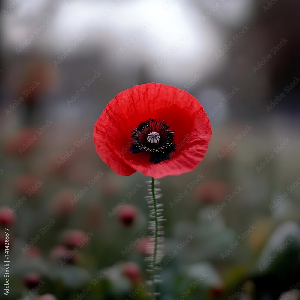 Aufkleber Close-up of a vibrant red poppy with a dark center and blurred background with other poppies in a field