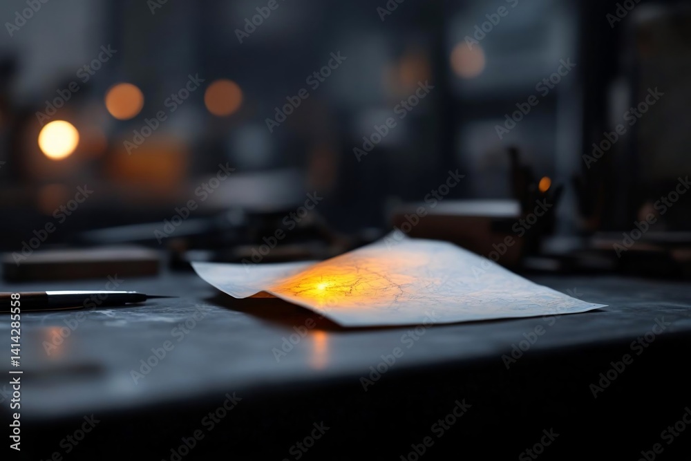 Poster A dimly lit scene features a glowing paper illuminated by warm light amidst a workspace environment. A pen rests nearby reflecting in the table surface suggesting focus and work