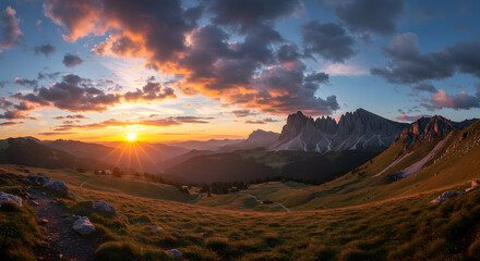 Stunning Sunset Over Mountain Landscape with Dramatic Sky and Golden Light
