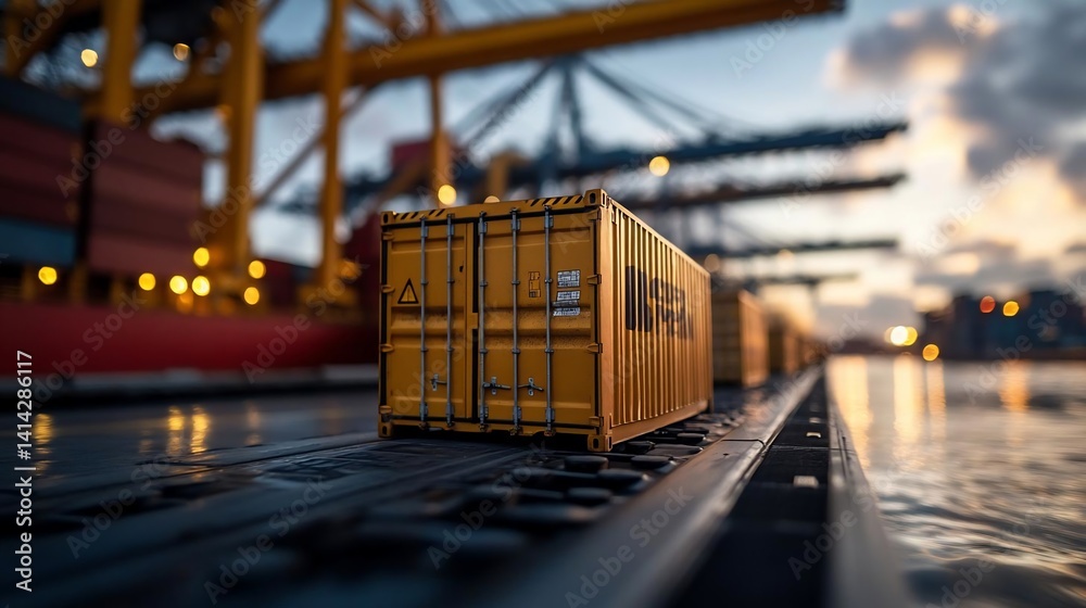 Poster Close-up of a yellow shipping container on a dock with blurred background of cranes and harbor at sunset reflecting warm hues