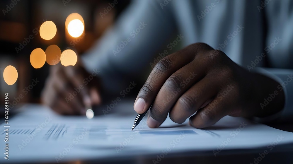 Poster close-up of a person's hands holding a pen over documents illuminated by soft bokeh lights suggestin