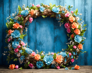 Flower Wreath Decoration, A decorative wreath made of blue, orange, and pink flowers with green leaves against a textured blue wooden background. Spring decor, floral arrangement.