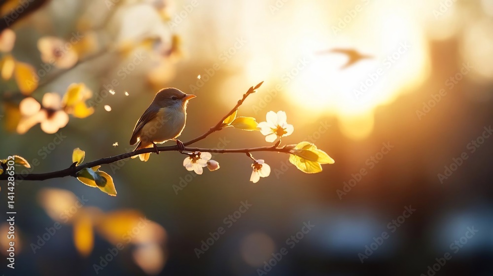 Poster a small bird perches on a flowering branch bathed in warm sunlight creating a soft focus effect with