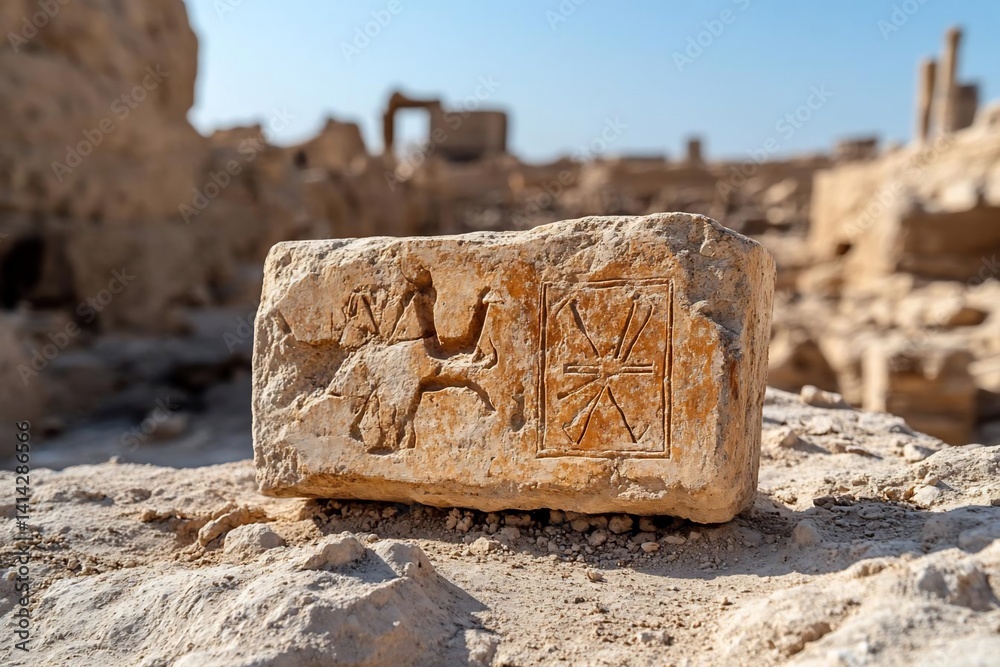 Aufkleber Close up shot of an ancient brick with carvings displayed in a historical setting showing signs of age and erosion with a visible sun