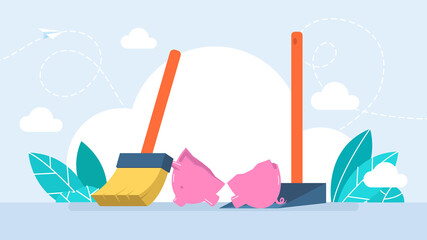 Fototapeta premium Broken empty piggy bank, dustpan, broom, throw it away. Concept of inflation, devaluation of money, loss of savings. Poor money management, bankruptcy. Flat illustration