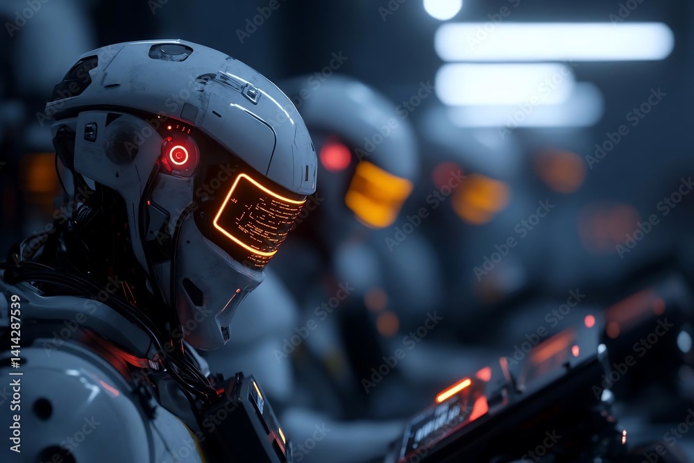 Poster Futuristic robots in a dimly lit interior with glowing visors. A row of robotic figures with detailed metallic textures, illuminated by neon lights, creating a cinematic ambiance