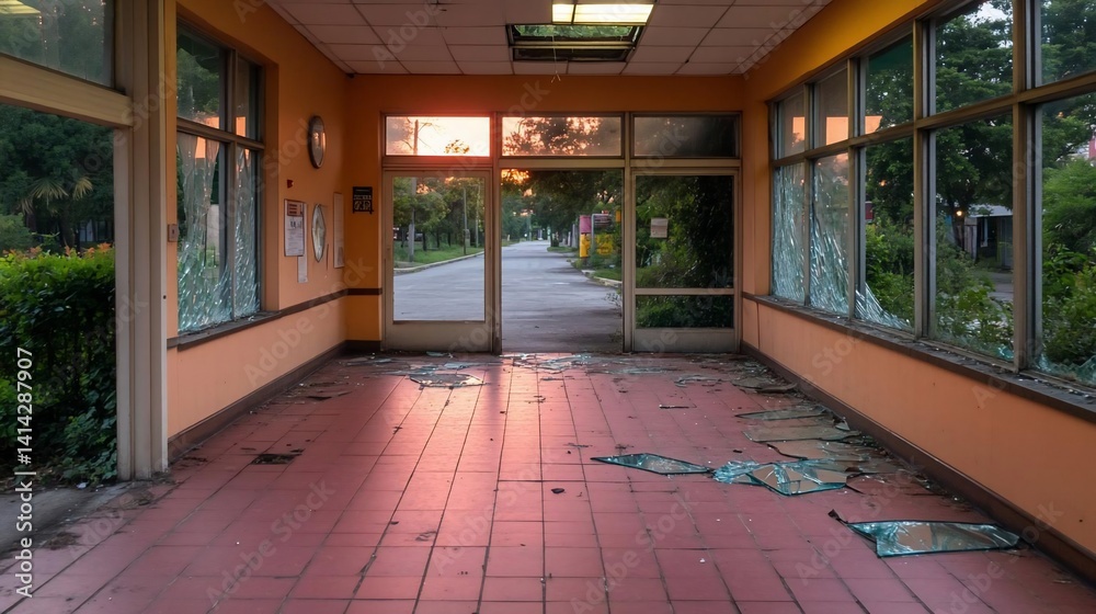 Poster interior view of a damaged structure with broken glass windows and a sunset visible through the door