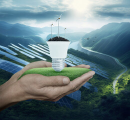 Wind turbines on soil with light bulb in hands over solar photovoltaics cell farm on mountain in sunny day, Green ecology and saving energy concept