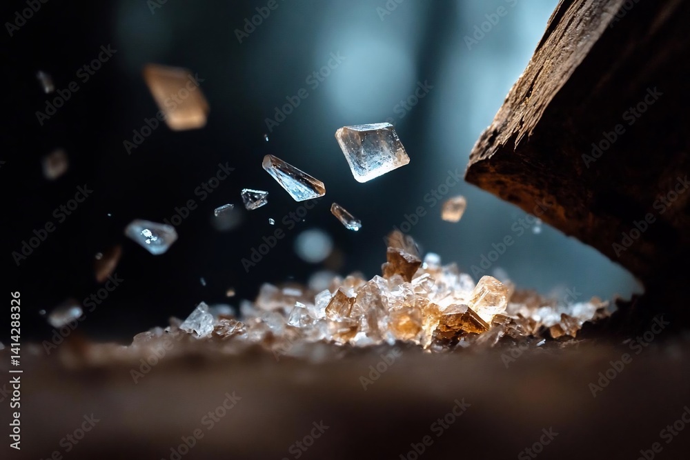 Poster Close up shot of crystal structures in mid air and grounded creating a mesmerizing interplay of light and shadow. Focus on textures and details