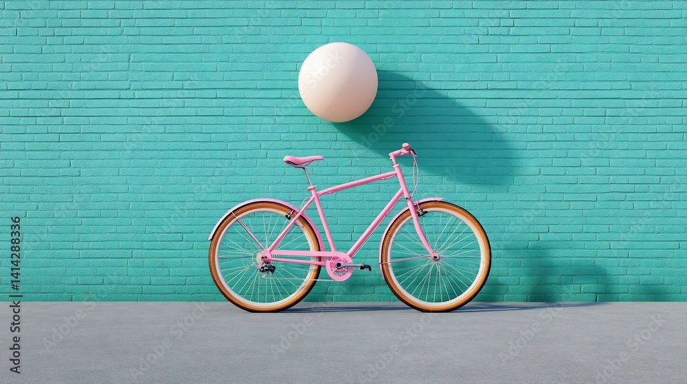 Aufkleber A pink bicycle against a turquoise wall with a floating sphere above creating a shadow. The scene is minimalist featuring an asphalt surface. The lighting is bright and the composition symmetrical