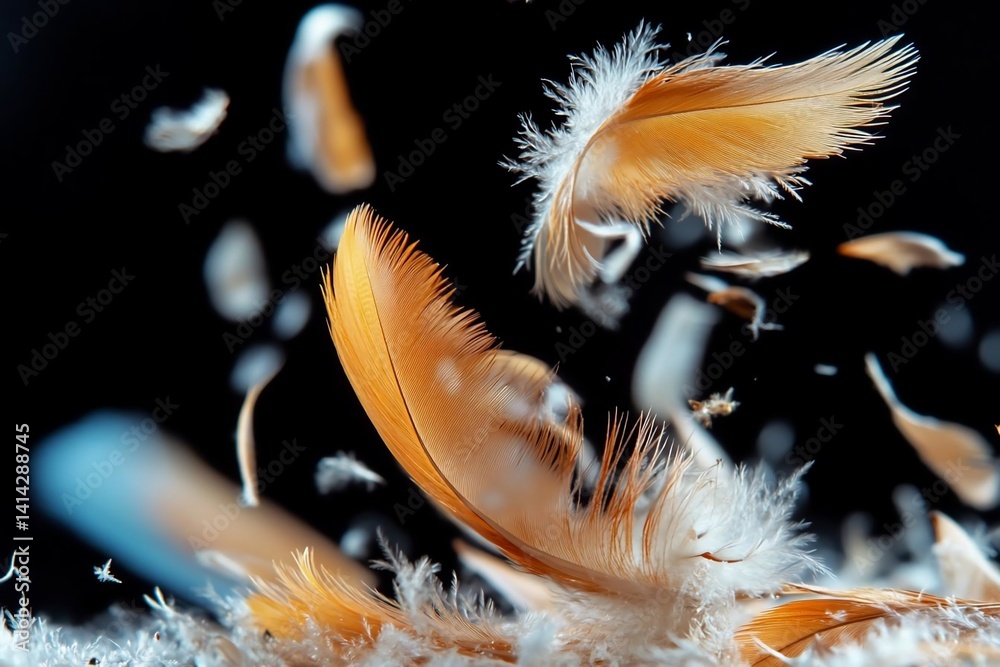 Poster Close-up of floating feathers with warm golden hues against a black background creating a soft and delicate atmosphere. Subtle details and lighting