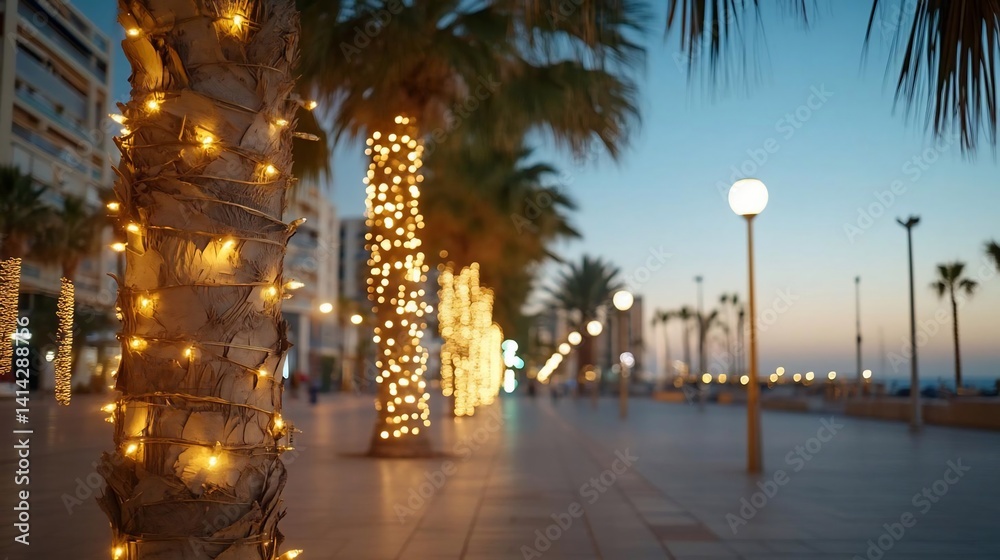 Aufkleber Palm trees adorned with glowing string lights line a boardwalk at dusk against a soft blue sky illuminated streetlights creating a festive ambiance