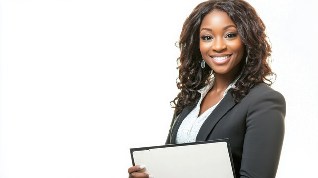 Ultra-detailed professional photo of a corporate woman holding a document folder, slight smile - Powered by Adobe