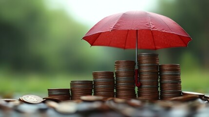 Financial Shield: A symbolic image of financial security featuring a small, red umbrella sheltering a stack of coins. This image represents protection, growth, and investment.