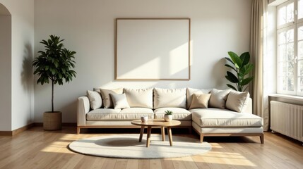 Modern Sectional Sofa in a Sunlit Living Room with Minimalist Decor and a Large Blank Canvas