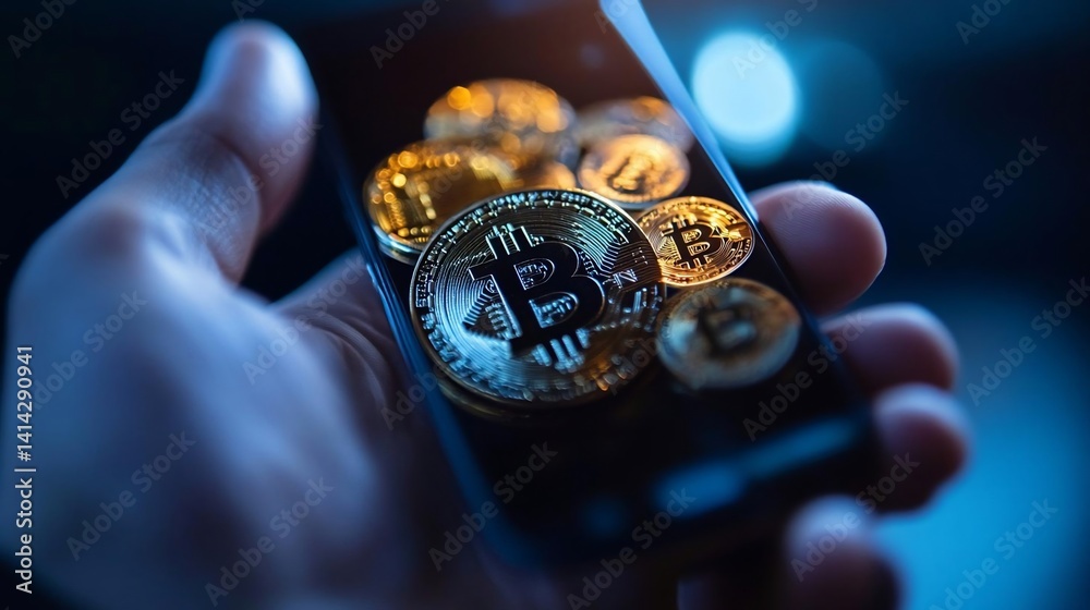 Aufkleber hand holding smartphone displaying several gold coins with generic logo against blurred dark backgro