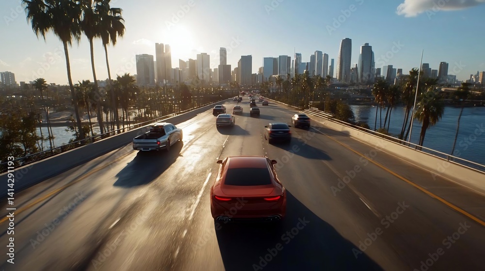 Poster aerial view of traffic on a coastal highway during a sunset. vehicles move towards a city skyline wi