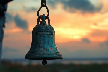 Fototapeta premium Ancient Bronze Bell Sunset Sky Background Peaceful Serene Hanging Metal Ornate Antique Church 