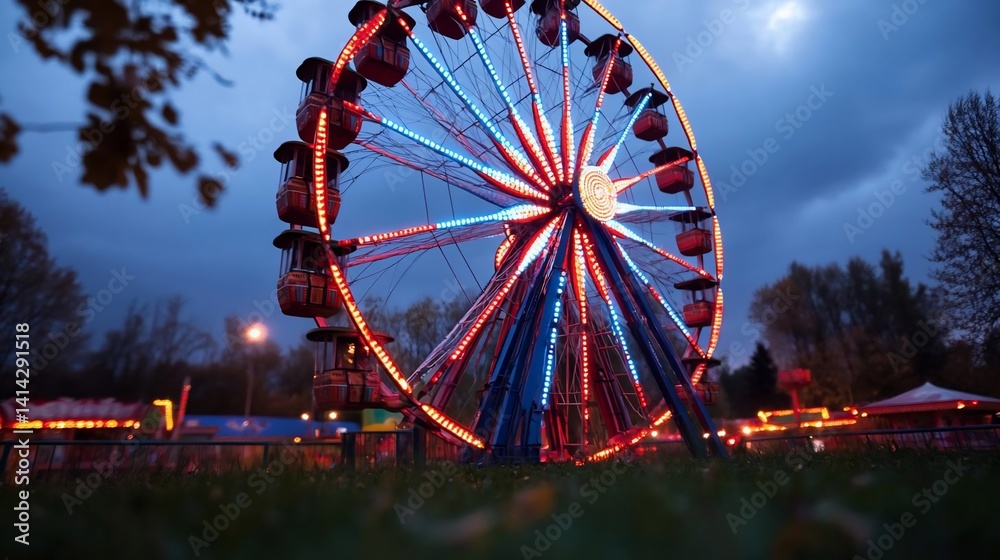 Aufkleber ferris wheel illuminated at dusk showcasing a dynamic blend of red and blue lights against a darkeni