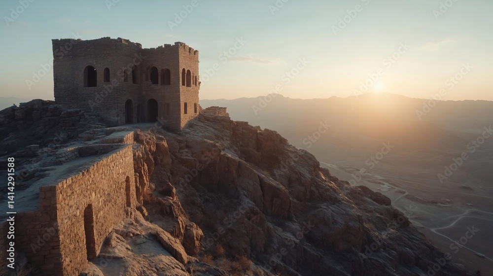 Aufkleber Stone structure on rocky mountaintop illuminated by warm sunset light with desert backdrop and golden hour glow creating a serene landscape scene