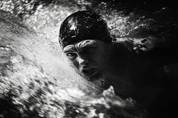 Fototapeta premium A determined swimmer powering through water with intense focus and energy
