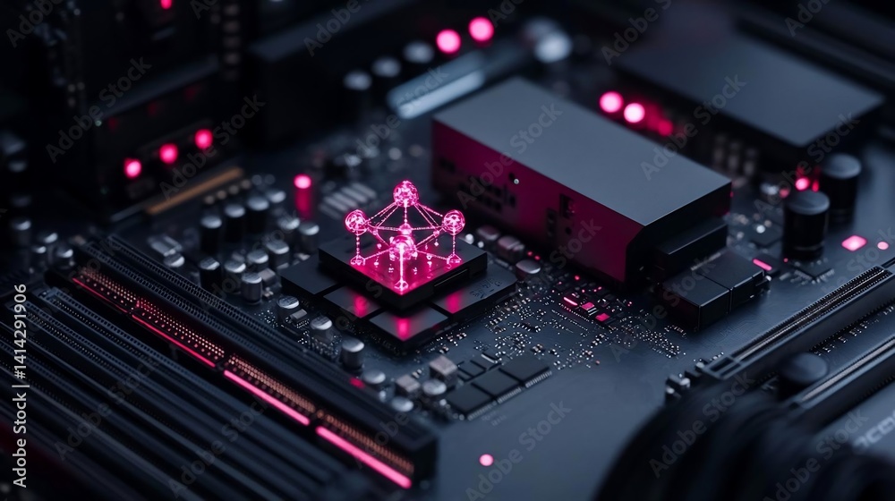 Poster Close-up of a circuit board with glowing pink accents representing data processing and network connections. Focus on the illuminated central processing unit. 