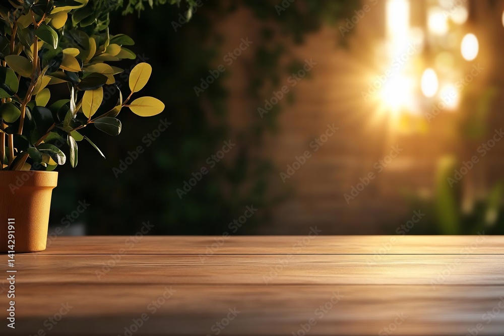 Fototapete wooden table with potted plant and blurred background in a sunny atmosphere with soft lighting and b
