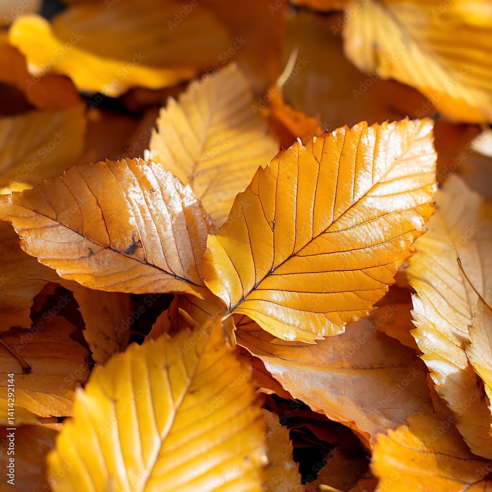 Poster close up shot of vibrant yellow and orange autumn leaves showing intricate textures and veins under 