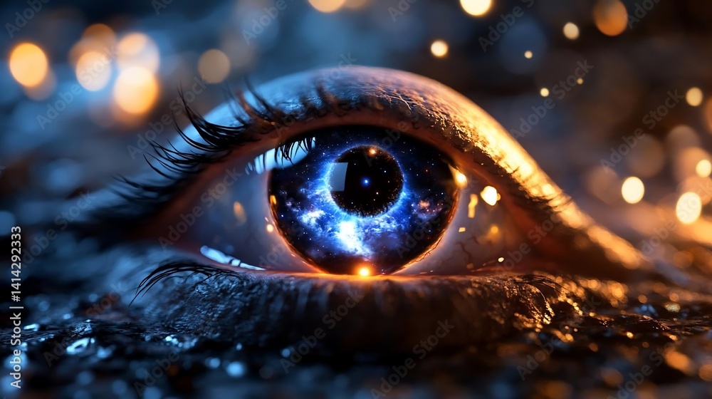 Leinwandbilder close-up view of a human eye with a galaxy reflection creating a surreal and magical atmosphere. int