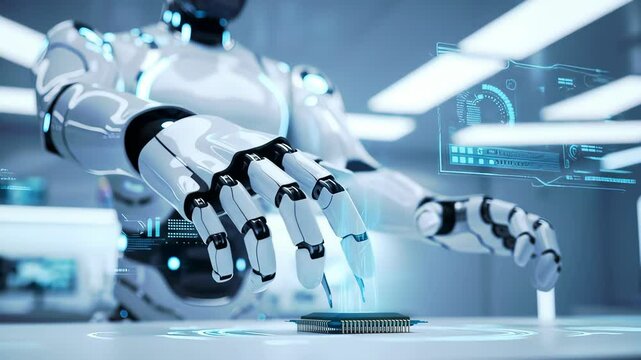 Advanced Robotic Hand Interacting with Touchscreen Display in Futuristic Laboratory Setting
